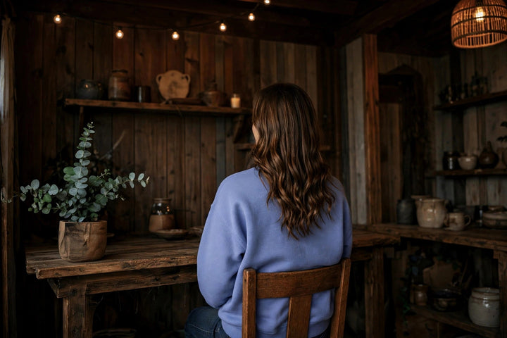 Dawn Sweatshirt — in the Five Tides room, female back