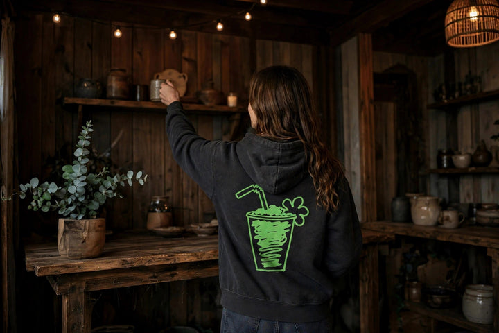 Flora-Bama Cocktail Hoodie — in the Five Tides room, female back