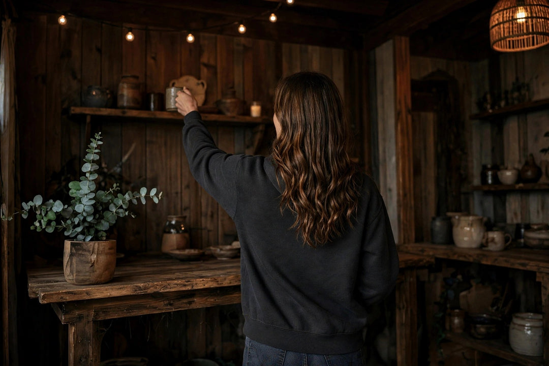 Virginia Oyster Tavern Hoodie — in the Five Tides room, female back