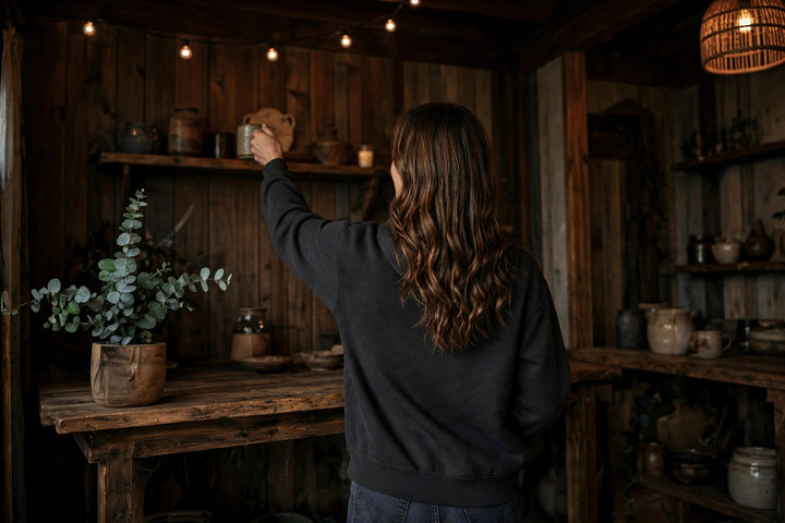 Virginia Oyster Tavern Hoodie — in the Five Tides room, female back