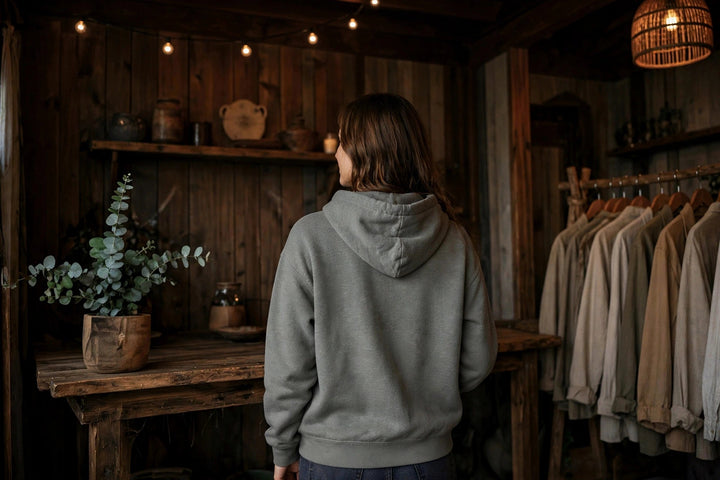 Crabby Cab Co. Crab Taxi Hoodie — in the Five Tides room, female back