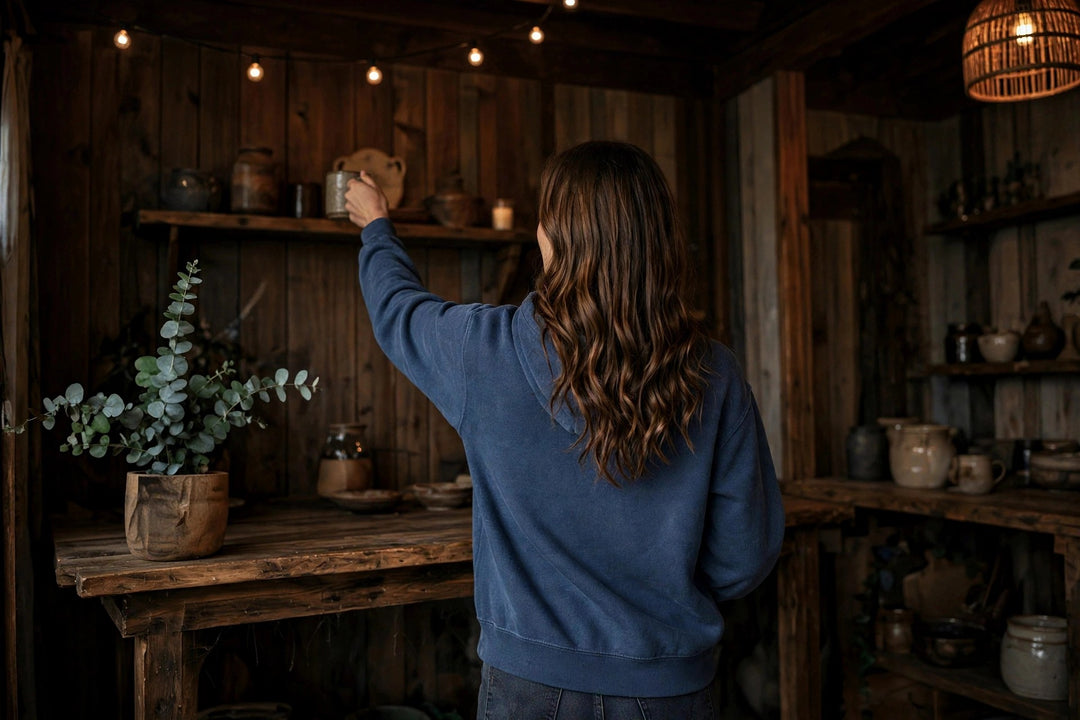 Salt Rooted Wheat Hoodie — in the Five Tides room, female back
