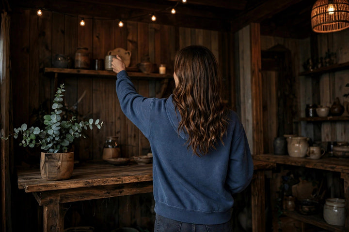 Salt Rooted Wheat Hoodie — in the Five Tides room, female back