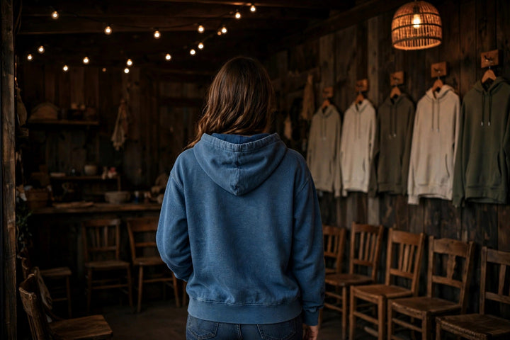 Chesapeake Crab House Hoodie — in the Five Tides room, female back