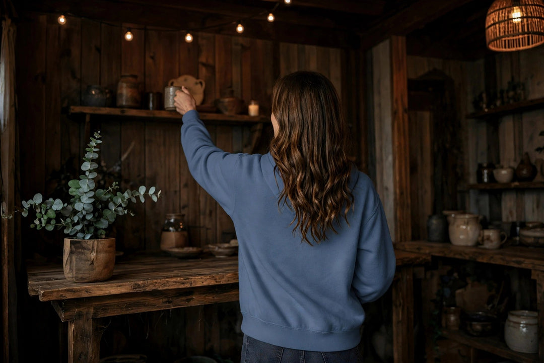 Tampa Bay Fish Hoodie — in the Five Tides room, female back