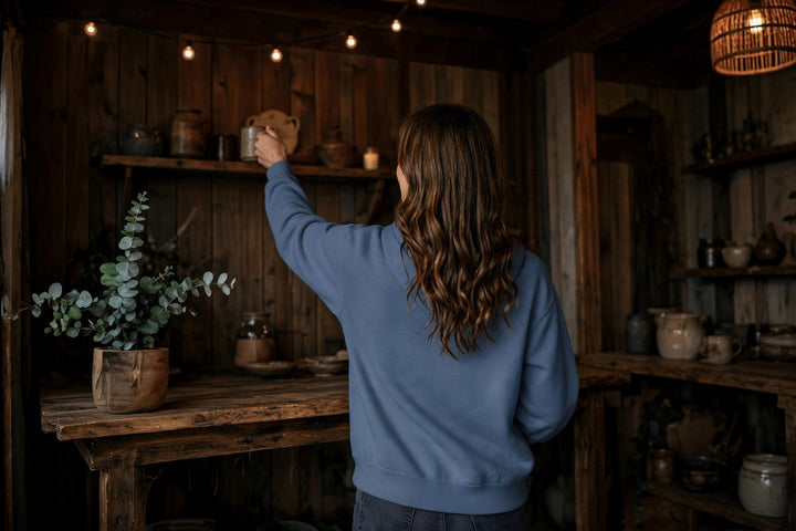 Tampa Bay Fish Hoodie — in the Five Tides room, female back