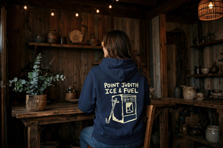 Point Judith Hoodie — in the Five Tides room, female back