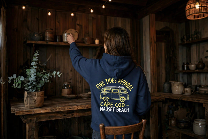 Cape Cod Nauset Beach Hoodie — in the Five Tides room, female back