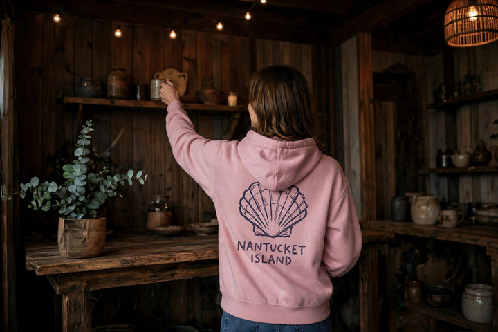 Nantucket Island Shell Hoodie — in the Five Tides room, female back