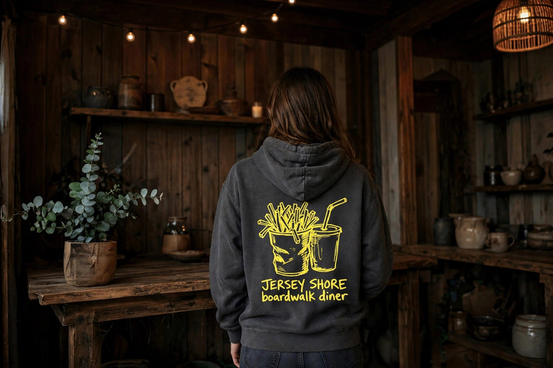 Boardwalk Diner Hoodie — in the Five Tides room, female back