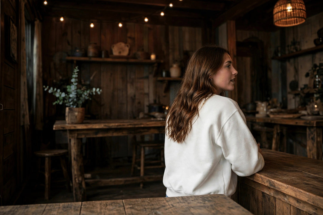 Malibu Sweatshirt — in the Five Tides room, female back