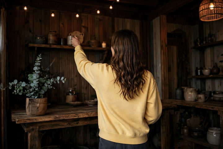 Chase The Sun Sweatshirt — in the Five Tides room, female back