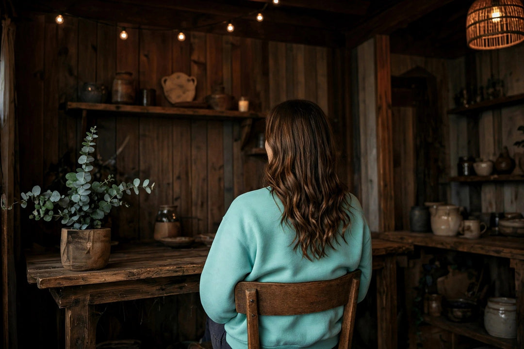 Wrightsville Beach Sweatshirt — in the Five Tides room, female back