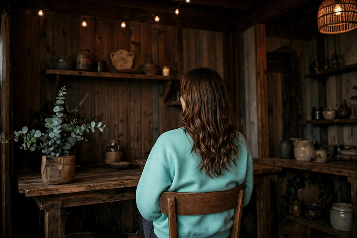 Wrightsville Beach Sweatshirt — in the Five Tides room, female back