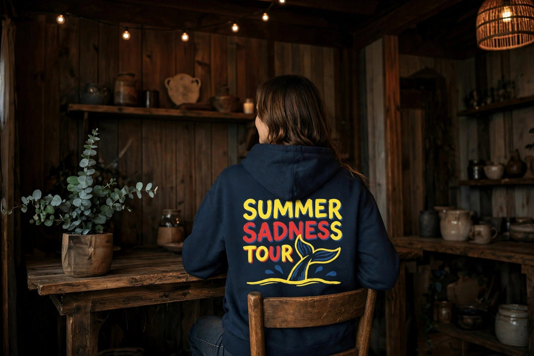 Summer Sadness Tour Hoodie (Whale) — in the Five Tides room, female back