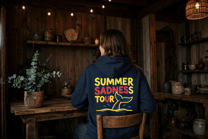 Summer Sadness Tour Hoodie (Whale) — in the Five Tides room, female back