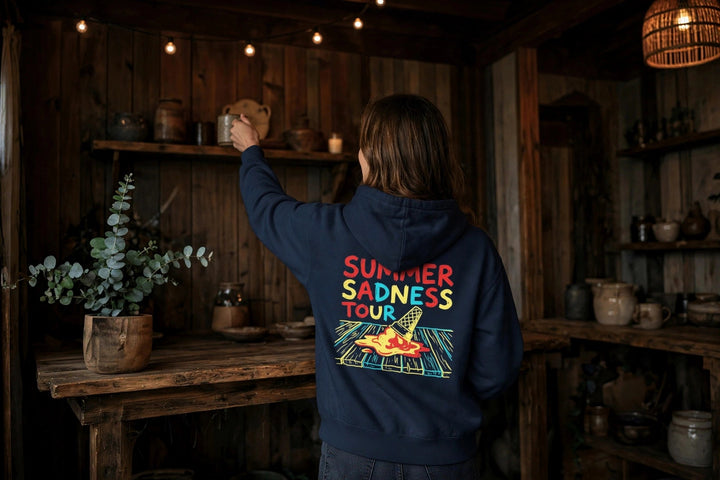 Summer Sadness Tour Hoodie (Palm) — in the Five Tides room, female back