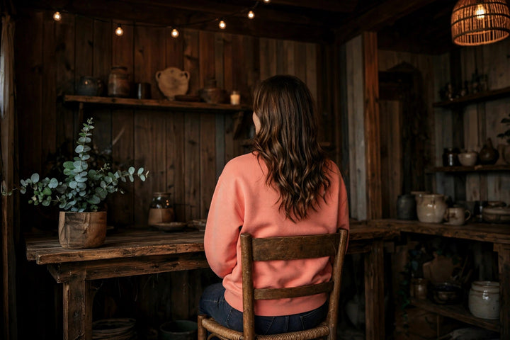 Tropical Donut Sweatshirt — in the Five Tides room, female back