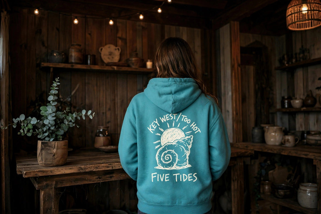 Beach Snail Hoodie — in the Five Tides room, female back
