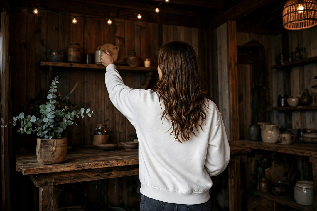 Bowers Beach Sweatshirt — in the Five Tides room, female back