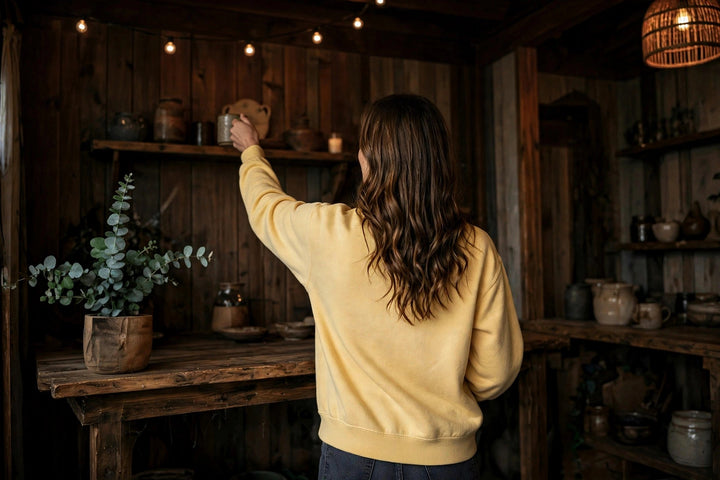 Sapelo Island Sweatshirt — in the Five Tides room, female back