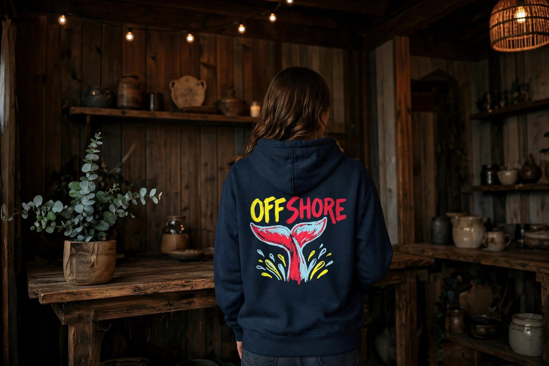 Offshore Whale Tail Hoodie — in the Five Tides room, female back
