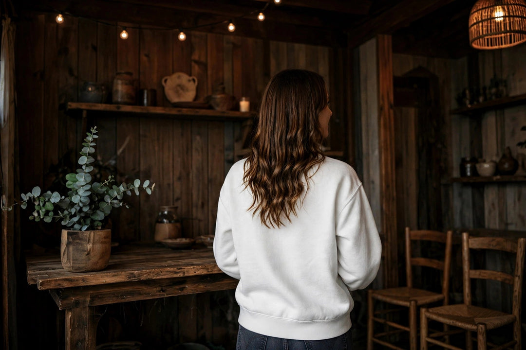 Salty Roots Sweatshirt — in the Five Tides room, female back