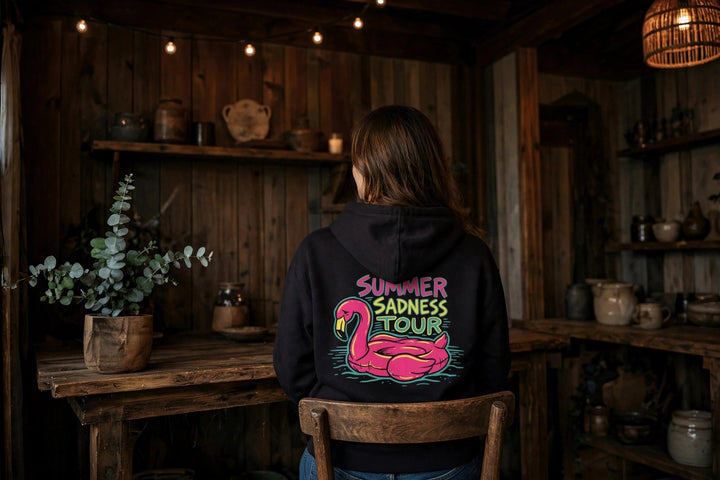 Summer Sadness Tour Hoodie (Flamingo) — in the Five Tides room, female back