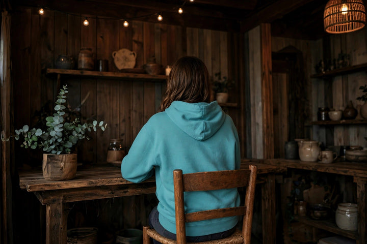 Charleston Sea Oats Hoodie — in the Five Tides room, female back