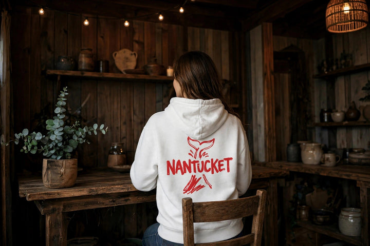 Nantucket Whale Tail Hoodie — in the Five Tides room, female back