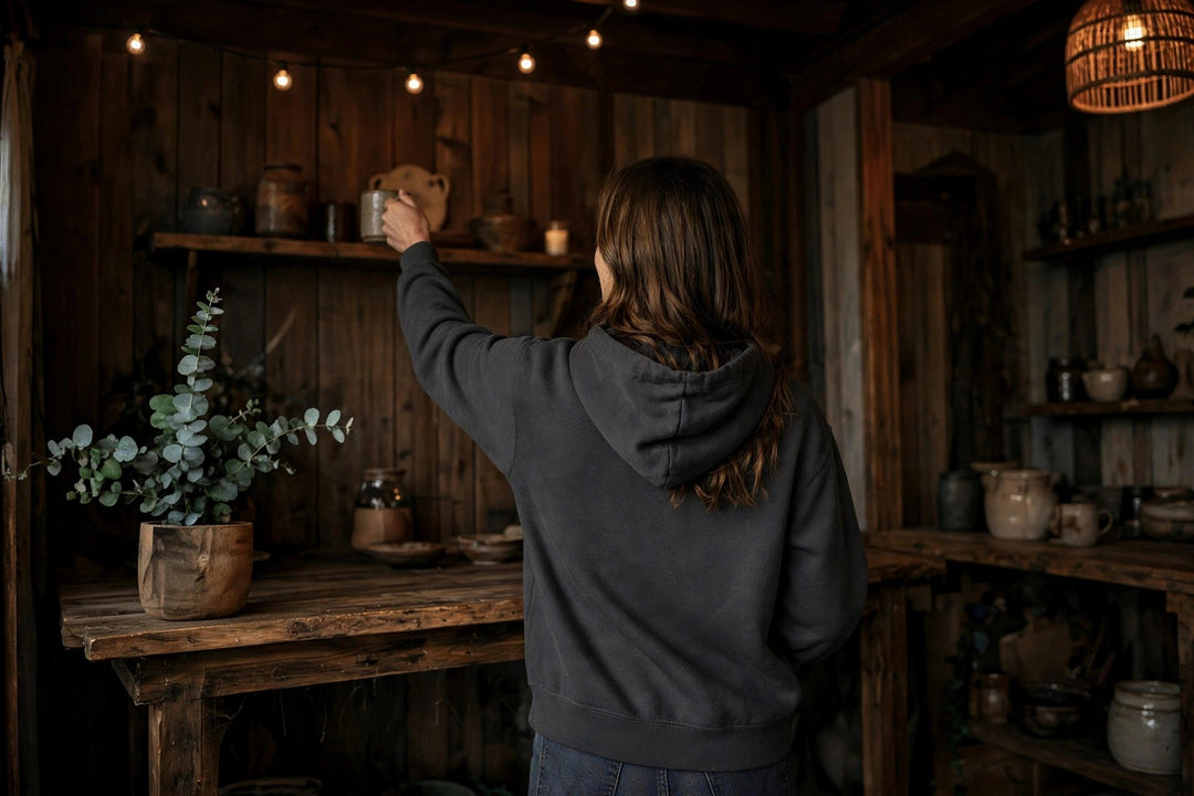 Hunting Island Hoodie — in the Five Tides room, female back