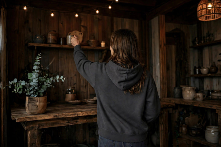 Hunting Island Hoodie — in the Five Tides room, female back