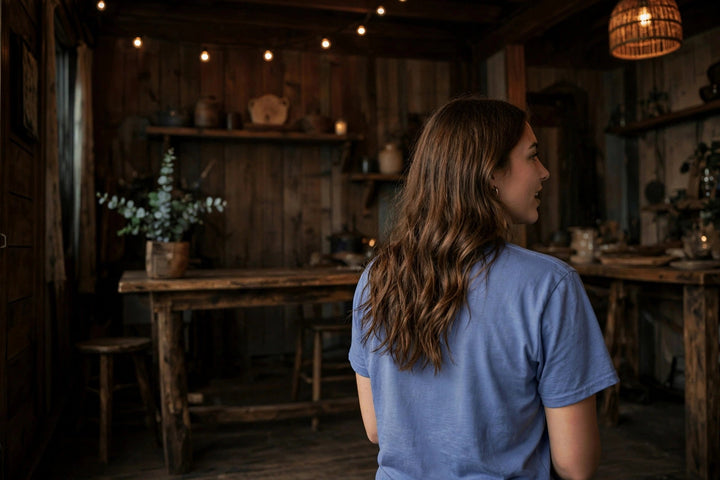 Beach Buoy Graphic Tee — in the Five Tides room, female back