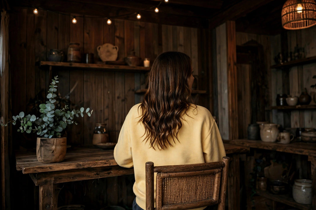 Fish Sweatshirt — in the Five Tides room, female back
