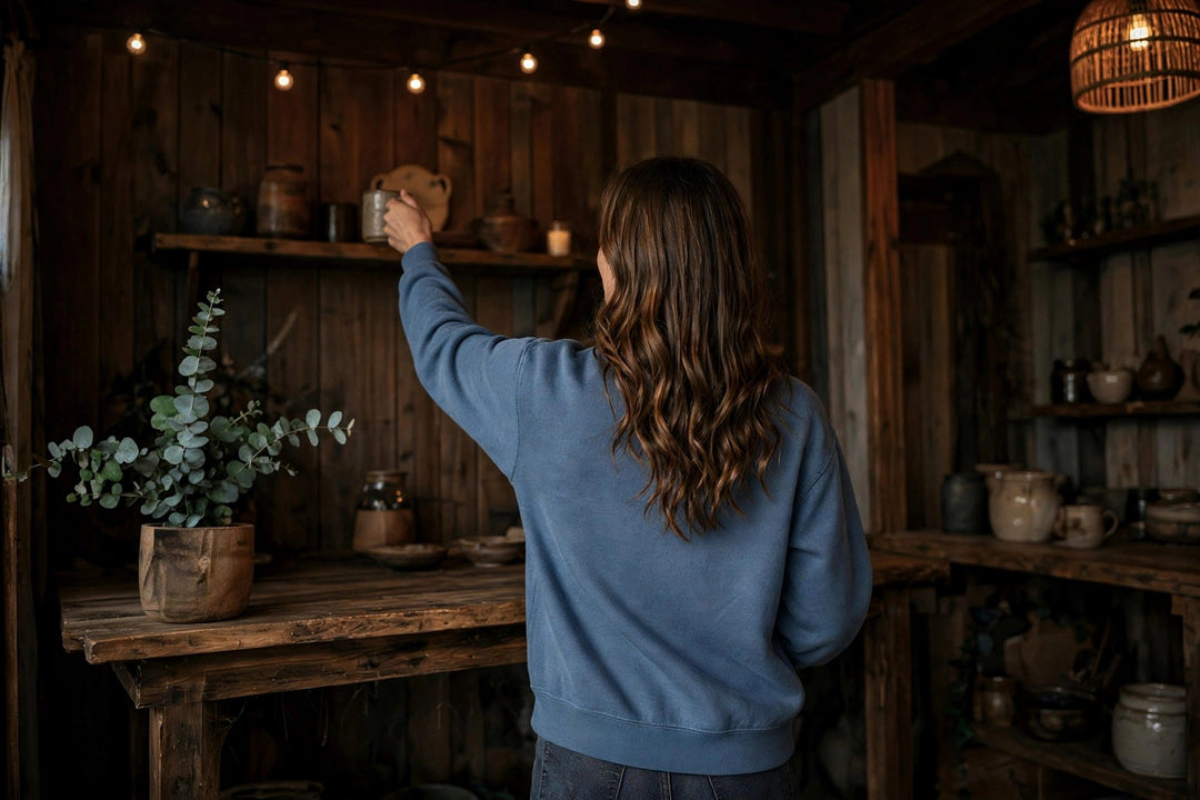 Galveston Sweatshirt — in the Five Tides room, female back