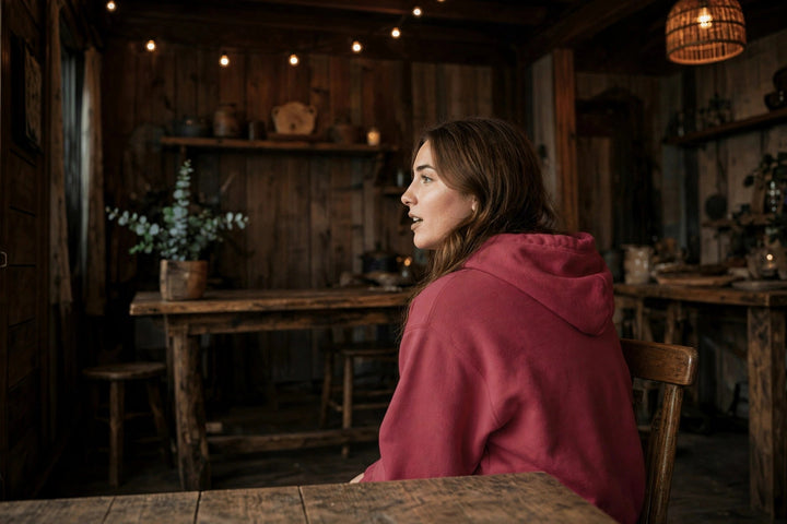 Myrtle Beach Coastal Hoodie — in the Five Tides room, female back