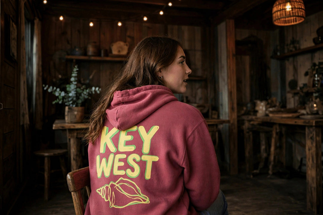 Key West Conch Shell Hoodie — in the Five Tides room, female back