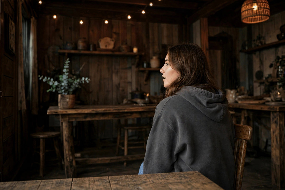 Moon Phases Vibes Hoodie — in the Five Tides room, female back