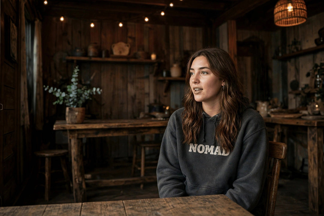 Nomad Windswept Tree Hoodie — in the Five Tides room, female front