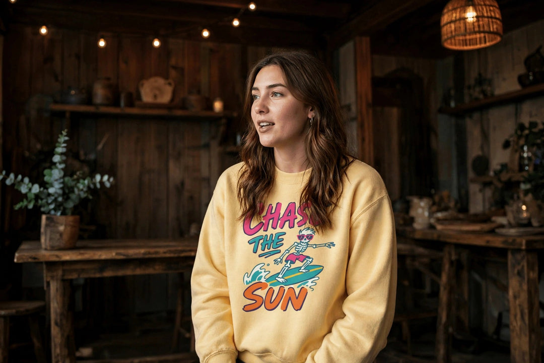 Chase The Sun Sweatshirt — in the Five Tides room, female front