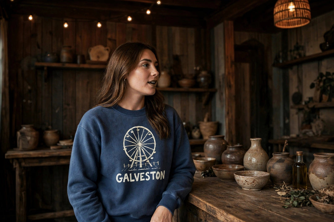 Galveston Sweatshirt — in the Five Tides room, female front