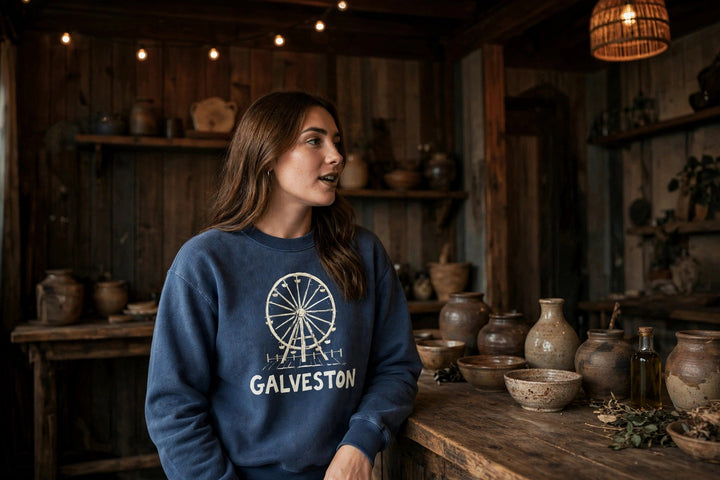 Galveston Sweatshirt — in the Five Tides room, female front