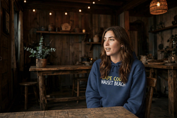 Cape Cod Nauset Beach Hoodie — in the Five Tides room, female front