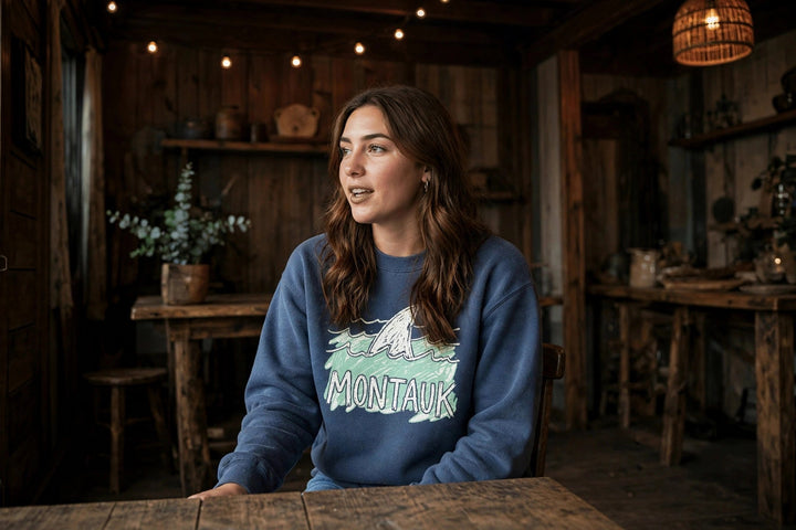 Montauk Sweatshirt — in the Five Tides room, female front