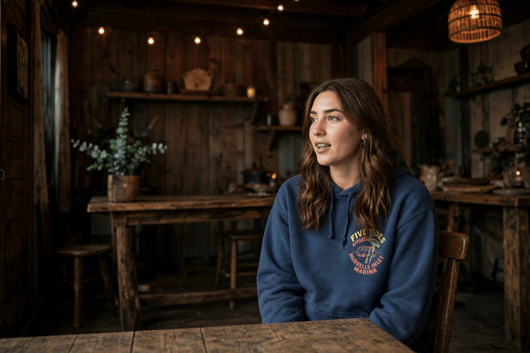 Murrells Inlet Marina Hoodie — in the Five Tides room, female front