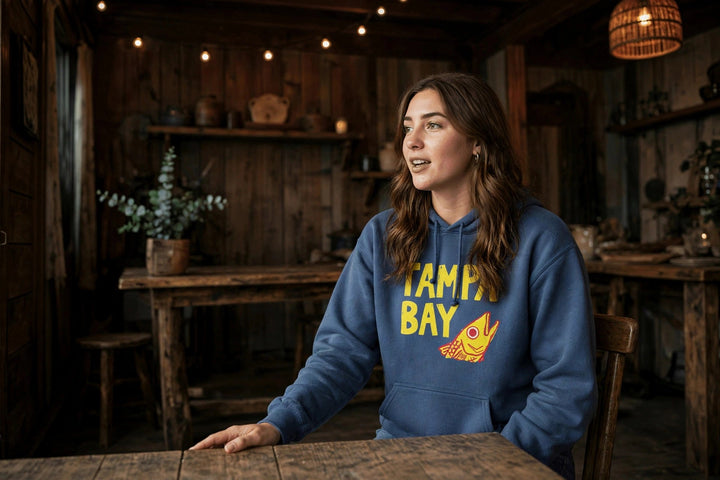 Tampa Bay Fish Hoodie — in the Five Tides room, female front
