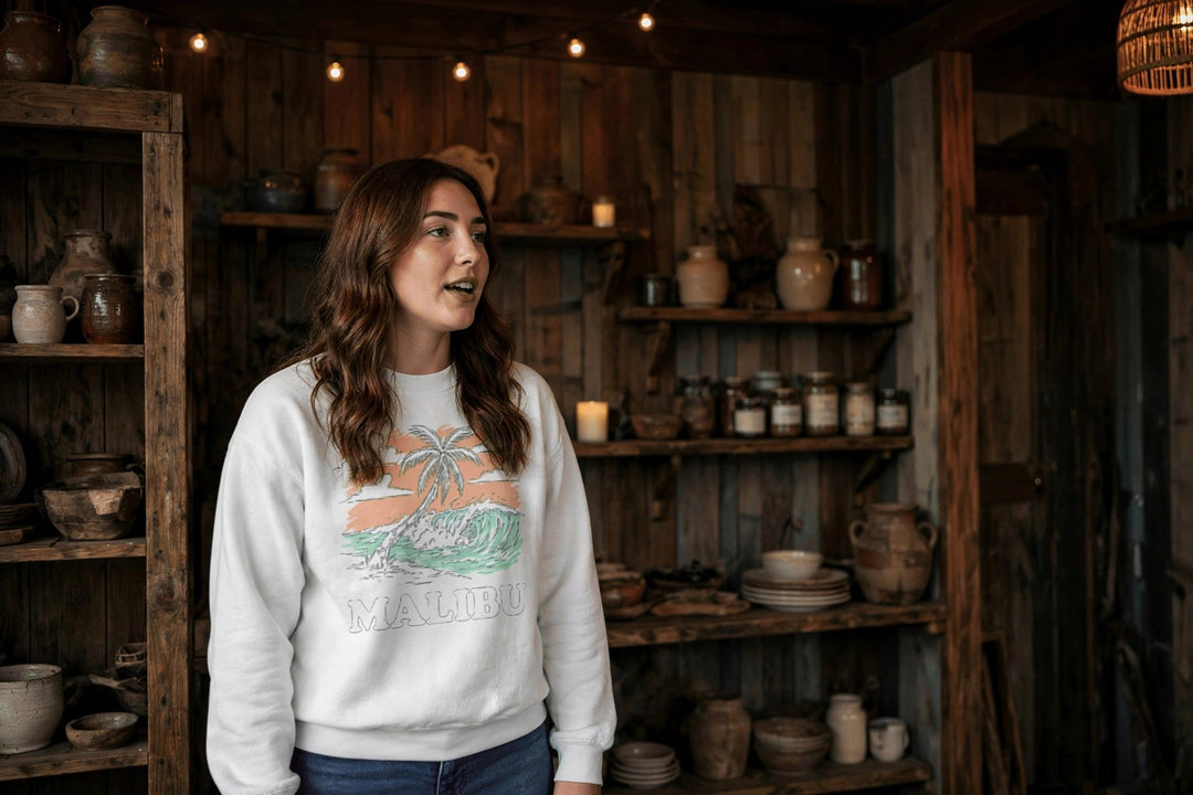 Malibu Sweatshirt — in the Five Tides room, female front