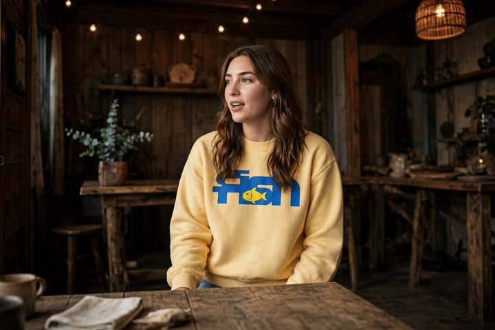 Fish Sweatshirt — in the Five Tides room, female front