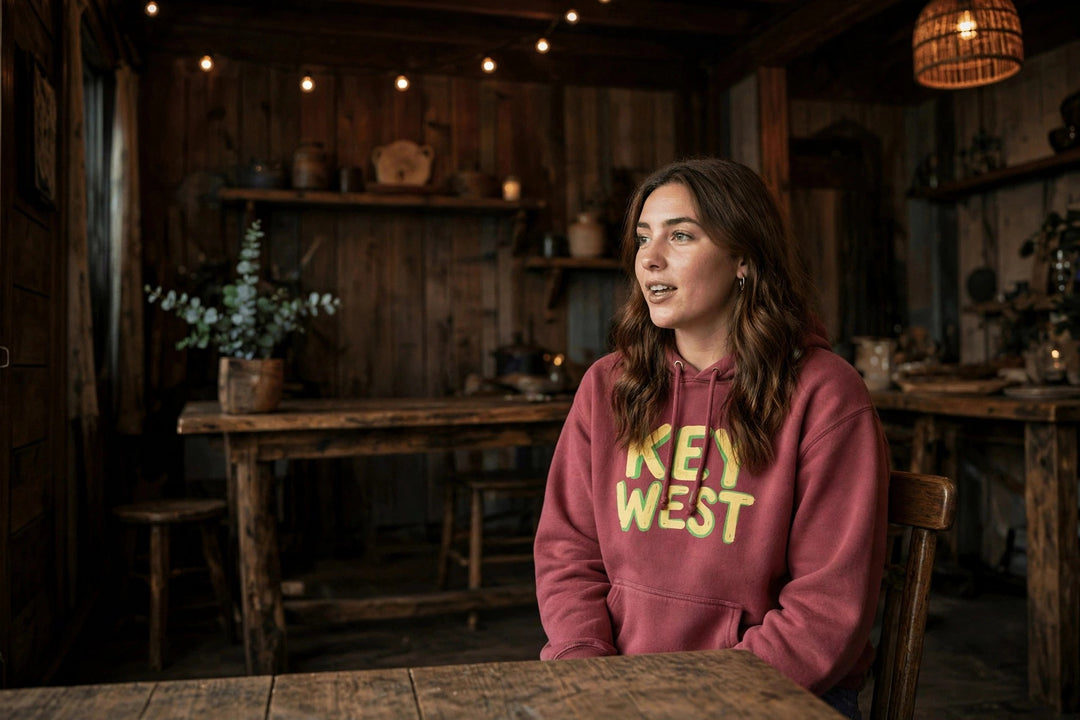 Key West Conch Shell Hoodie — in the Five Tides room, female front