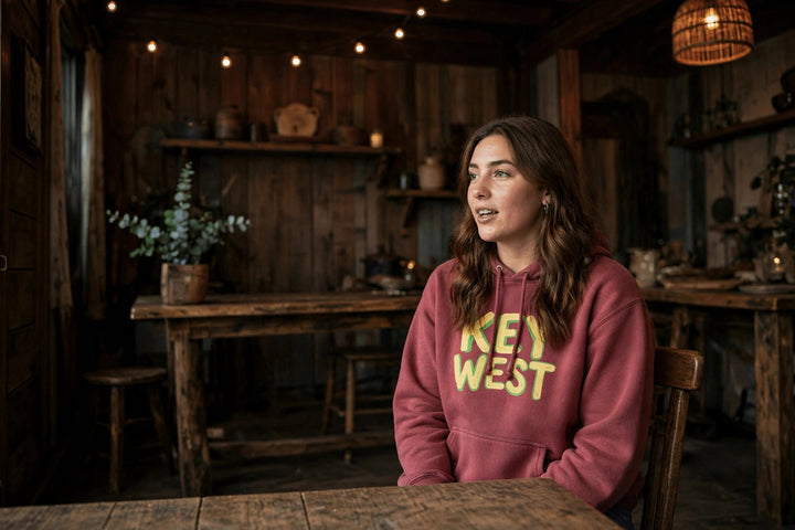 Key West Conch Shell Hoodie — in the Five Tides room, female front